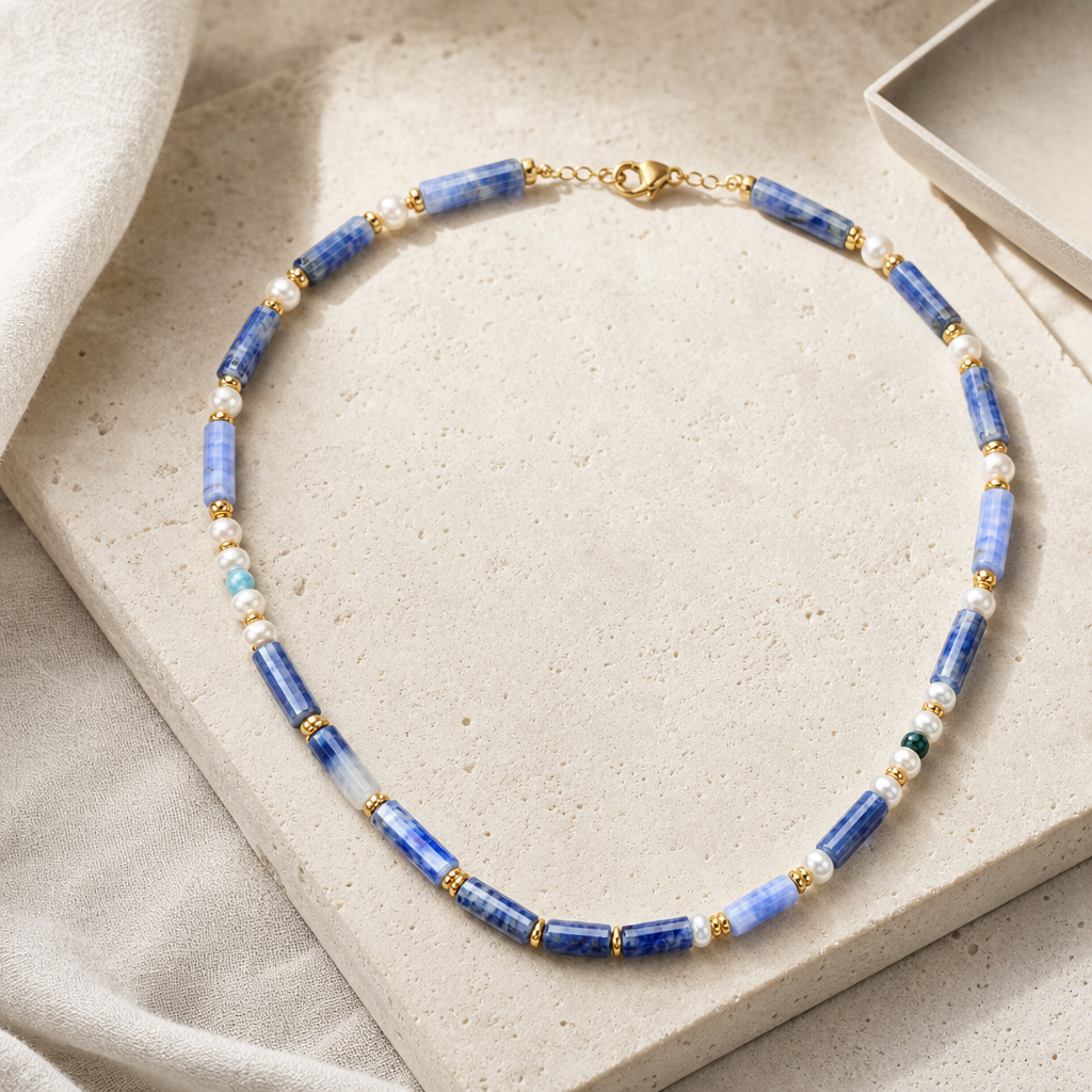 Blue chalcedony and freshwater pearl necklace on a soft studio surface.