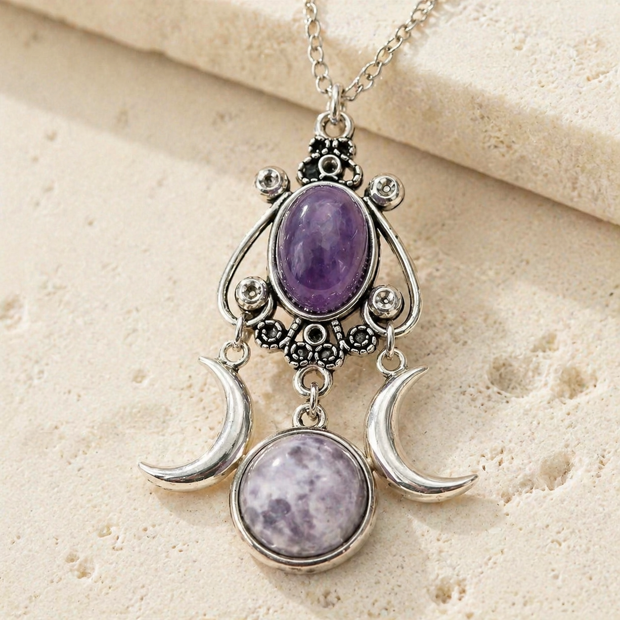 Triple Moon Goddess Amethyst Alloy Necklace Hero Support A product image featuring Amethyst.