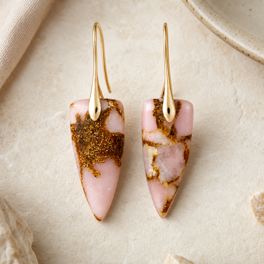 Gold pink natural stone geometric earrings with soft studio styling.