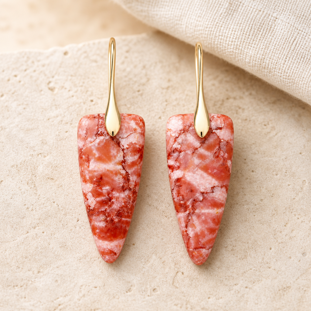 Gold coral natural stone geometric earrings on a soft studio surface.