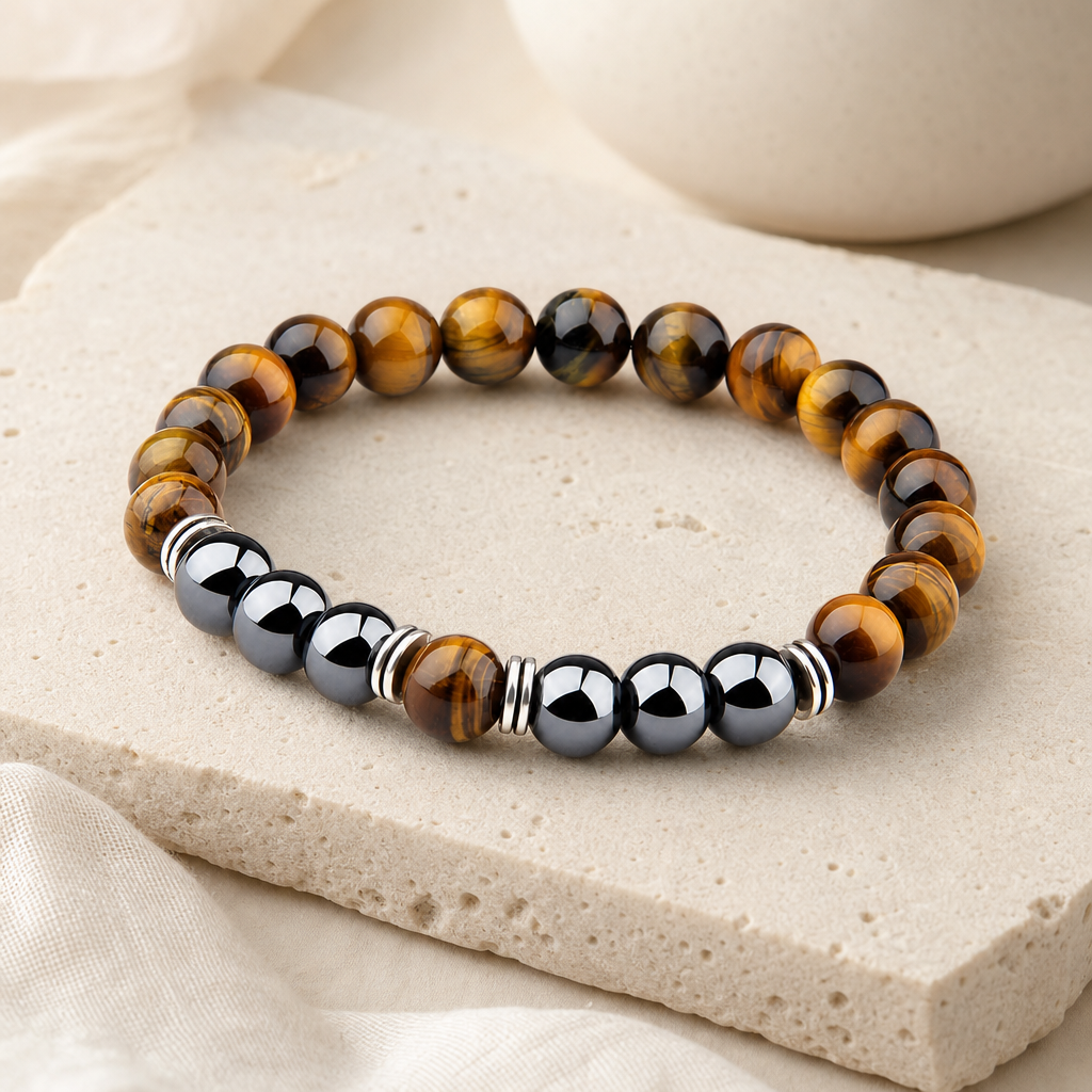Yellow Tiger Eye & Black Obsidian Separator Bracelet Hero Support A product image featuring Black Obsidian.