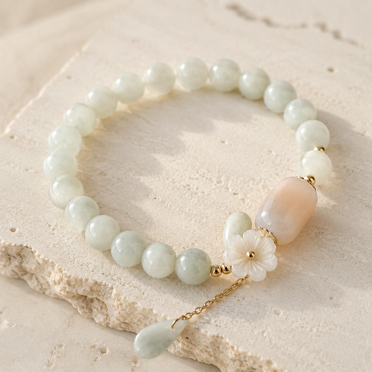 Jade bead bracelet with shell flower and water-drop details.