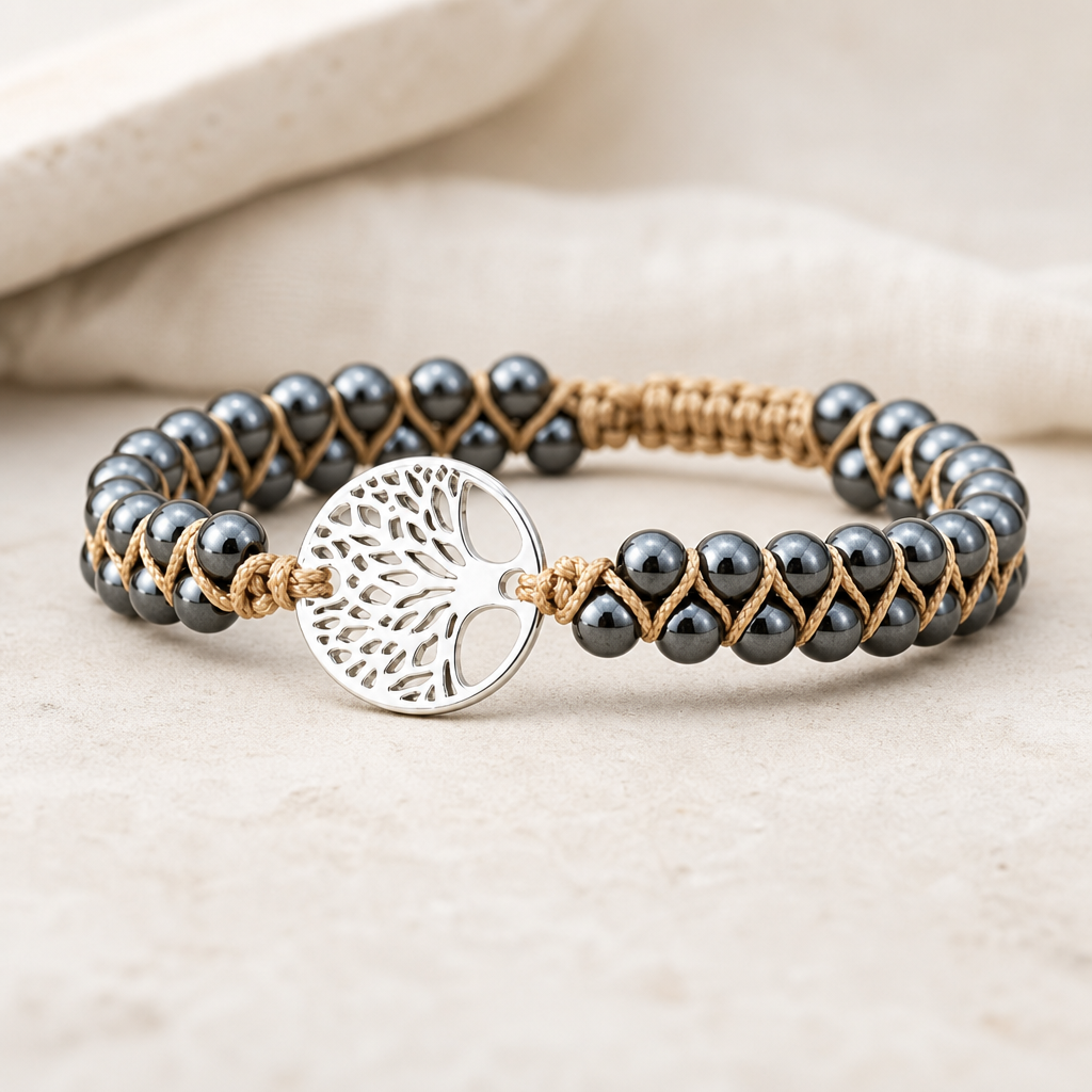 Natural Stone Braided Bracelet soft studio image showing braided cord detail.