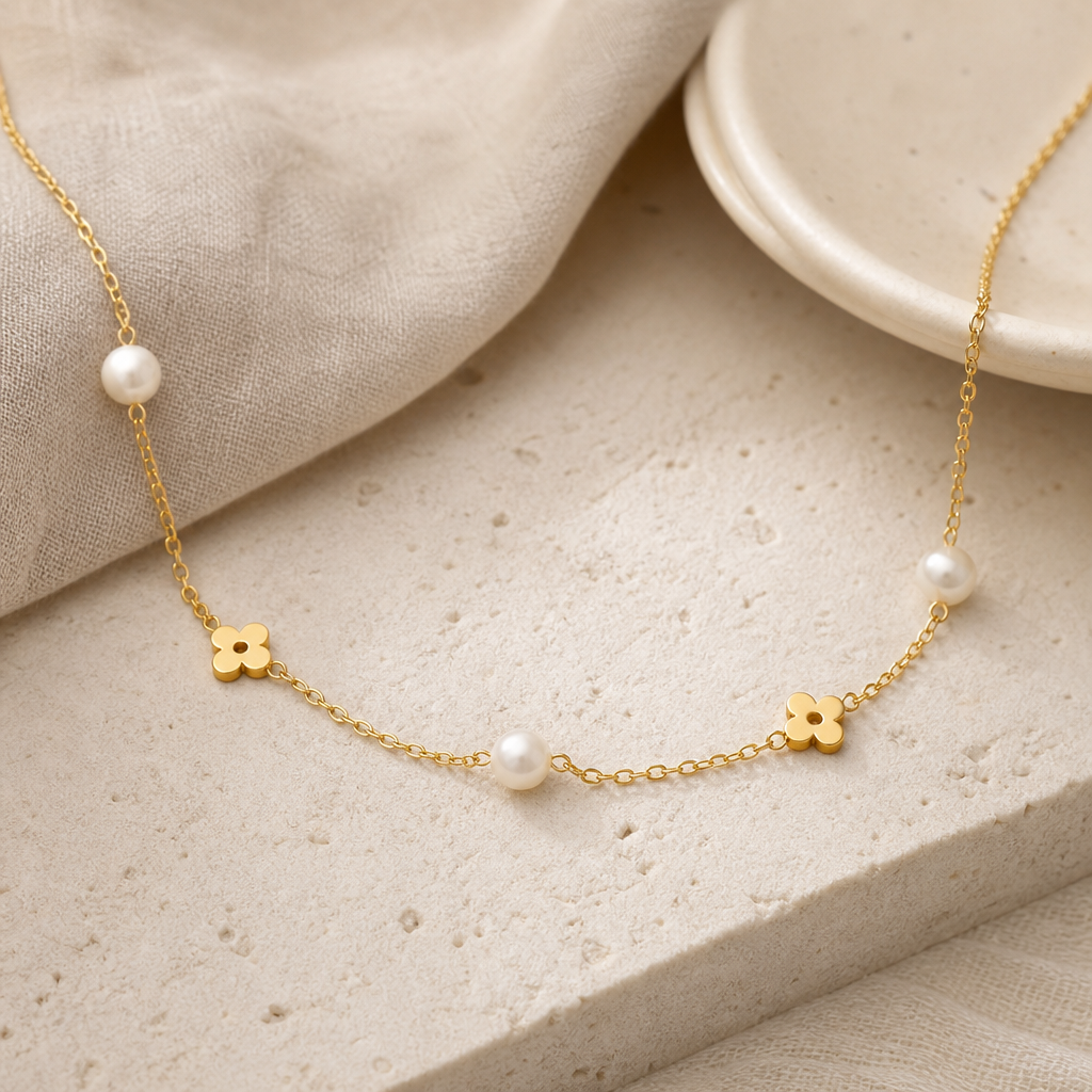 Freshwater Pearl 18K Gold Plated Flower Necklace Hero Support B product image featuring Freshwater Pearl.