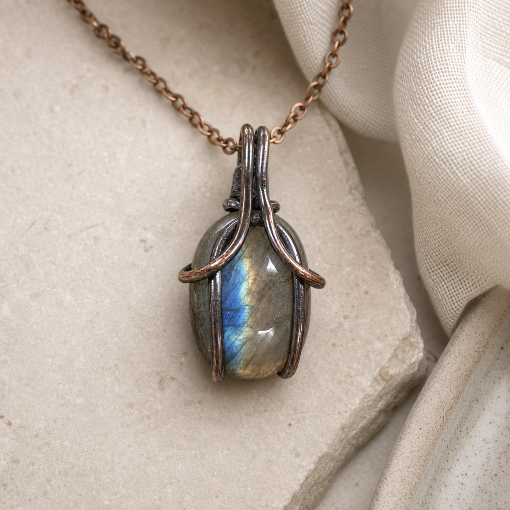 Wire Wrapped Labradorite Pendant Necklace Hero Support B product image featuring Labradorite.