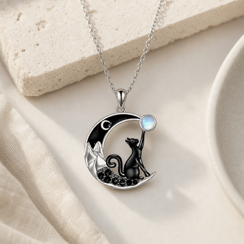 Black Cat Moonstone Moon Pendant Necklace Hero Support B product image featuring Moonstone.