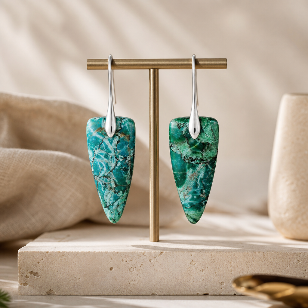 Silver Green Natural Stone Geometric Earrings Hero Support B product image featuring Platinum Plated.