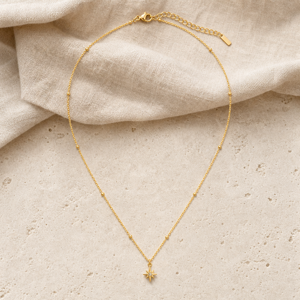 18K Gold Plated Star Pendant Necklace With Zircon Hero Support B showing a delicate gold-tone star pendant necklace.