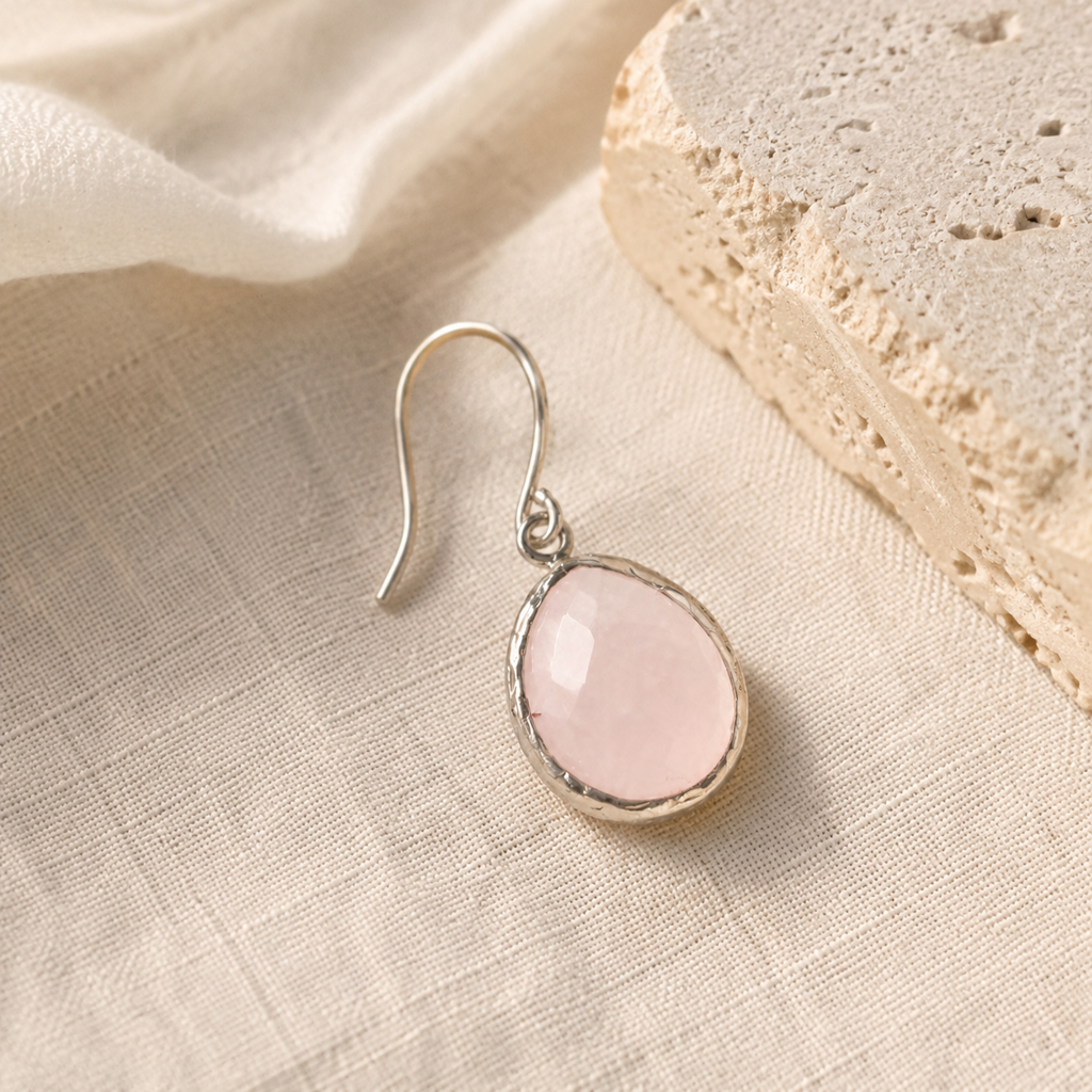 Petite Drop Earrings Rose Quartz Rosegold Hero Support B product image featuring Rose Quartz.