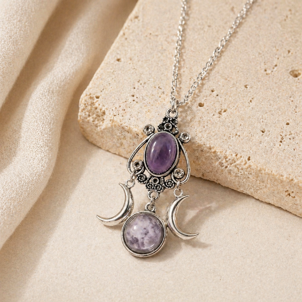 Triple Moon Goddess Amethyst Alloy Necklace Hero Support B product image featuring Amethyst.