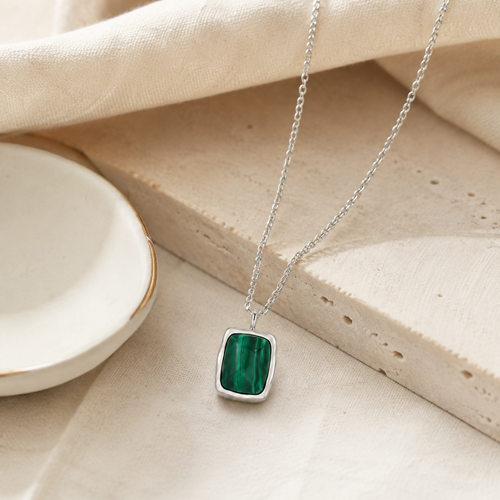 Natural Malachite Pendant Necklace Hero Support B product image featuring Freshwater Pearl.