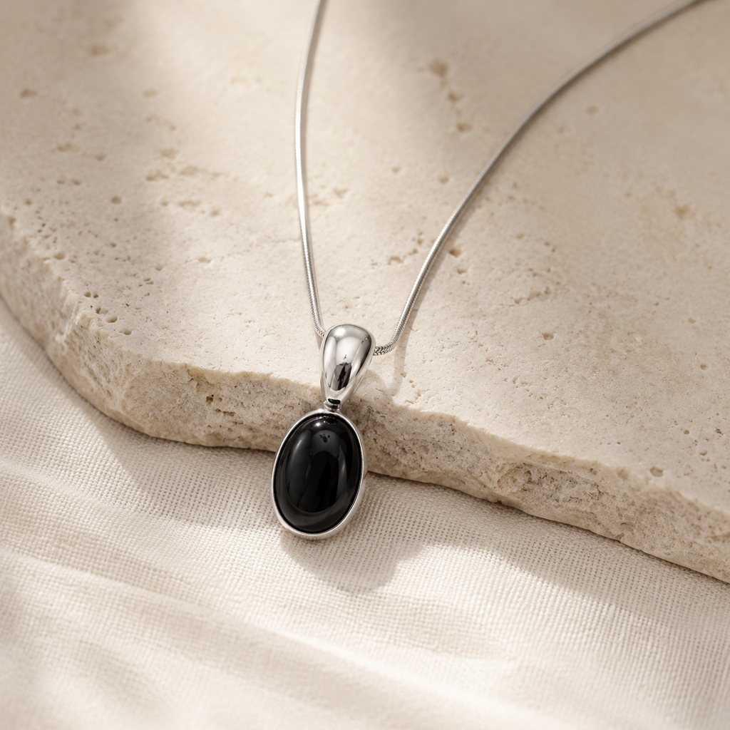 Black Onyx Silver Drop Pendant Necklace Hero Support B product image featuring Black Onyx.