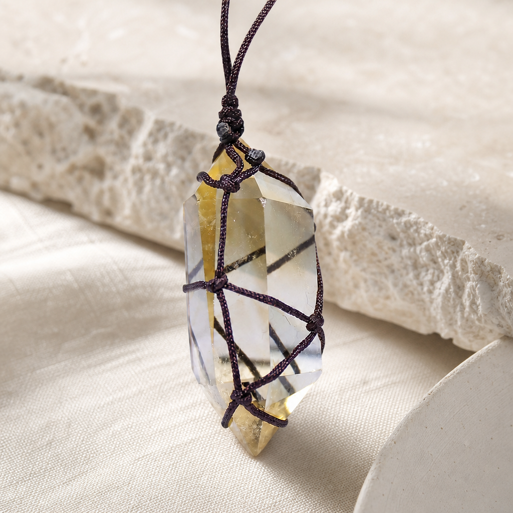 Double Point Crystal Mesh Wrapped Pendant Necklace Hero Support B showing a mesh-wrapped double point crystal pendant necklac
