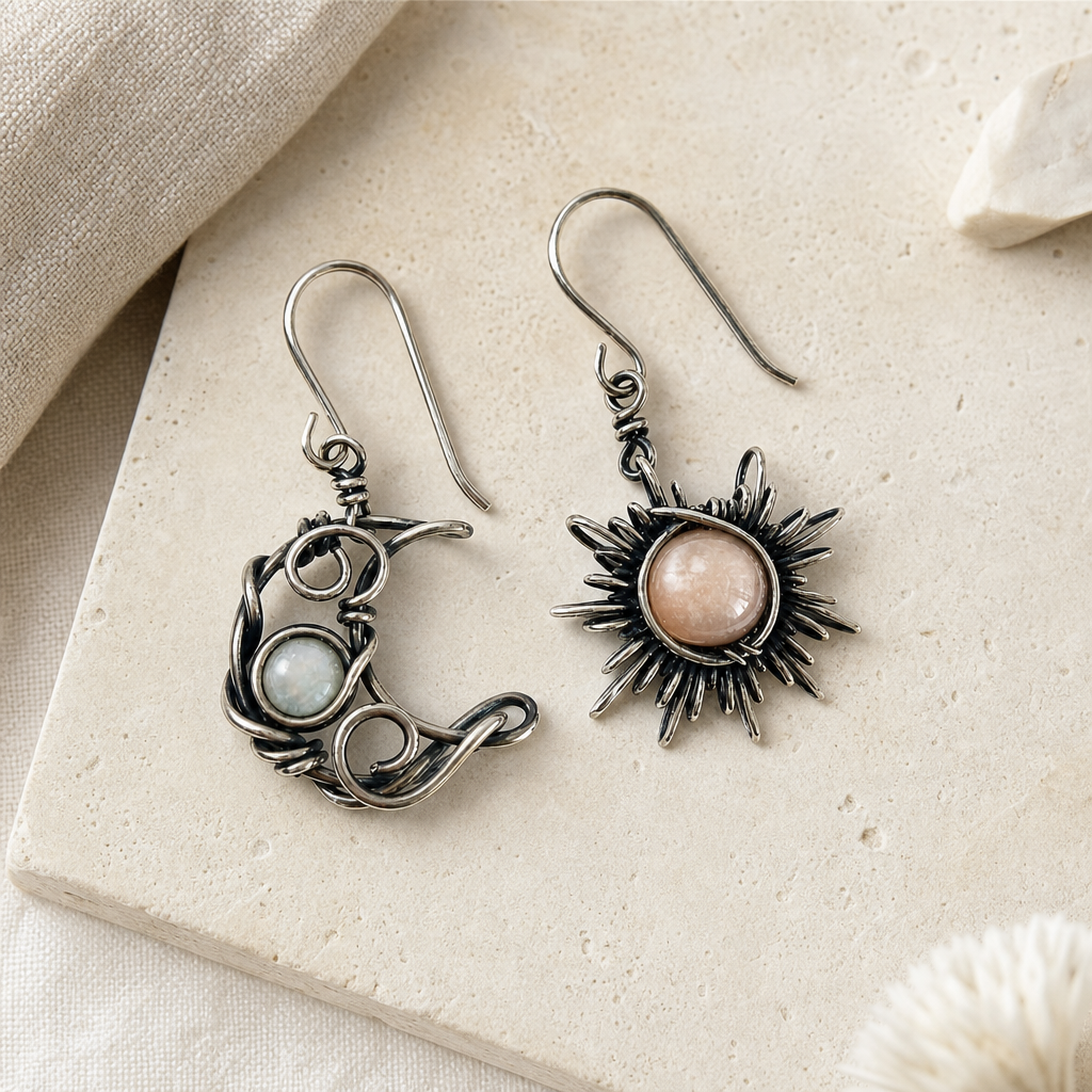 Moonstone Moon & Sun Dangle Earrings macro detail image showing the drop profile.