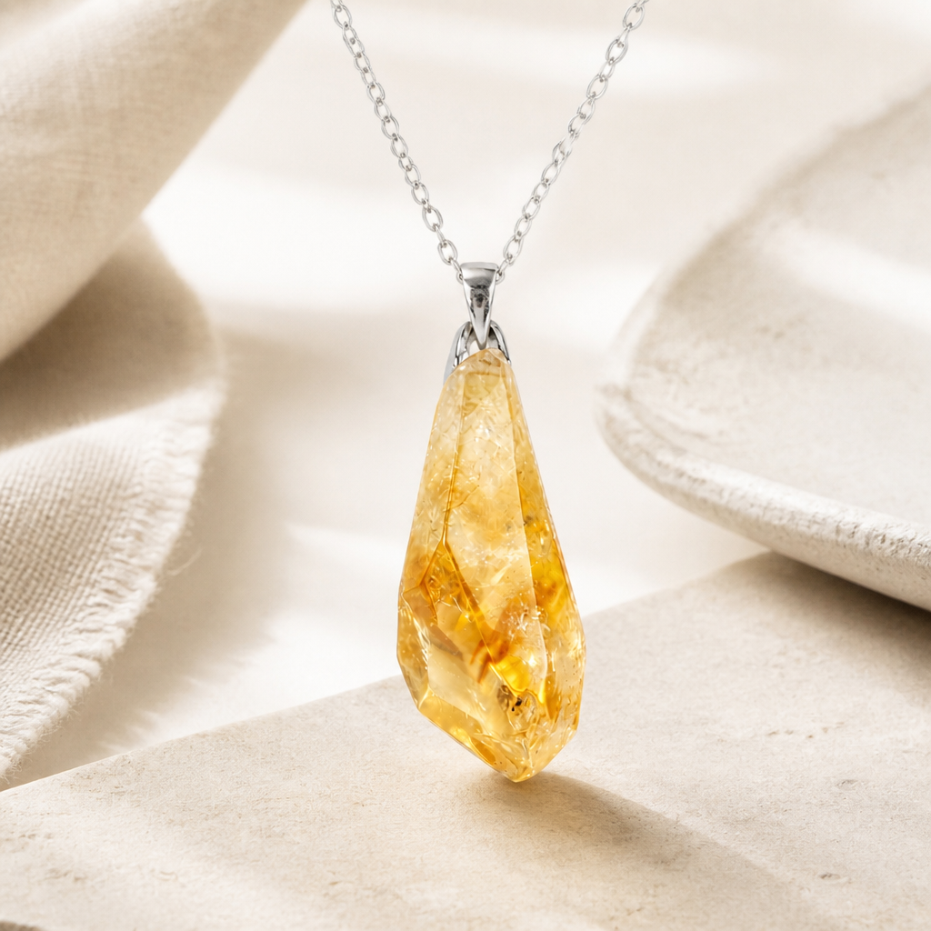 Close view of faceted citrine pendant necklace texture.