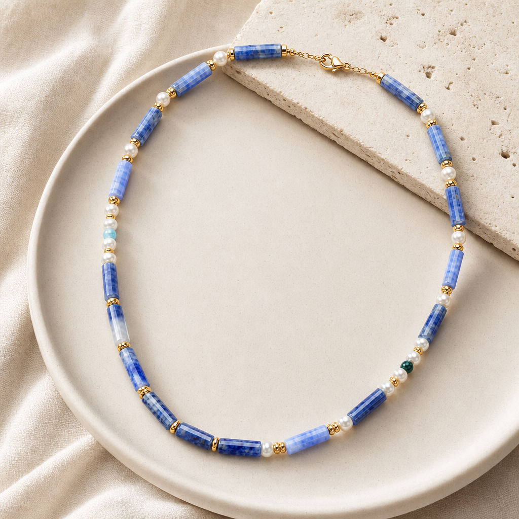 Macro detail of the blue chalcedony and freshwater pearl necklace materials.