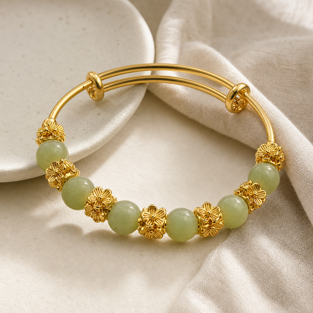 Green Chalcedony Flower Gold Tone Bracelet Hero Support B product image featuring Chalcedony.