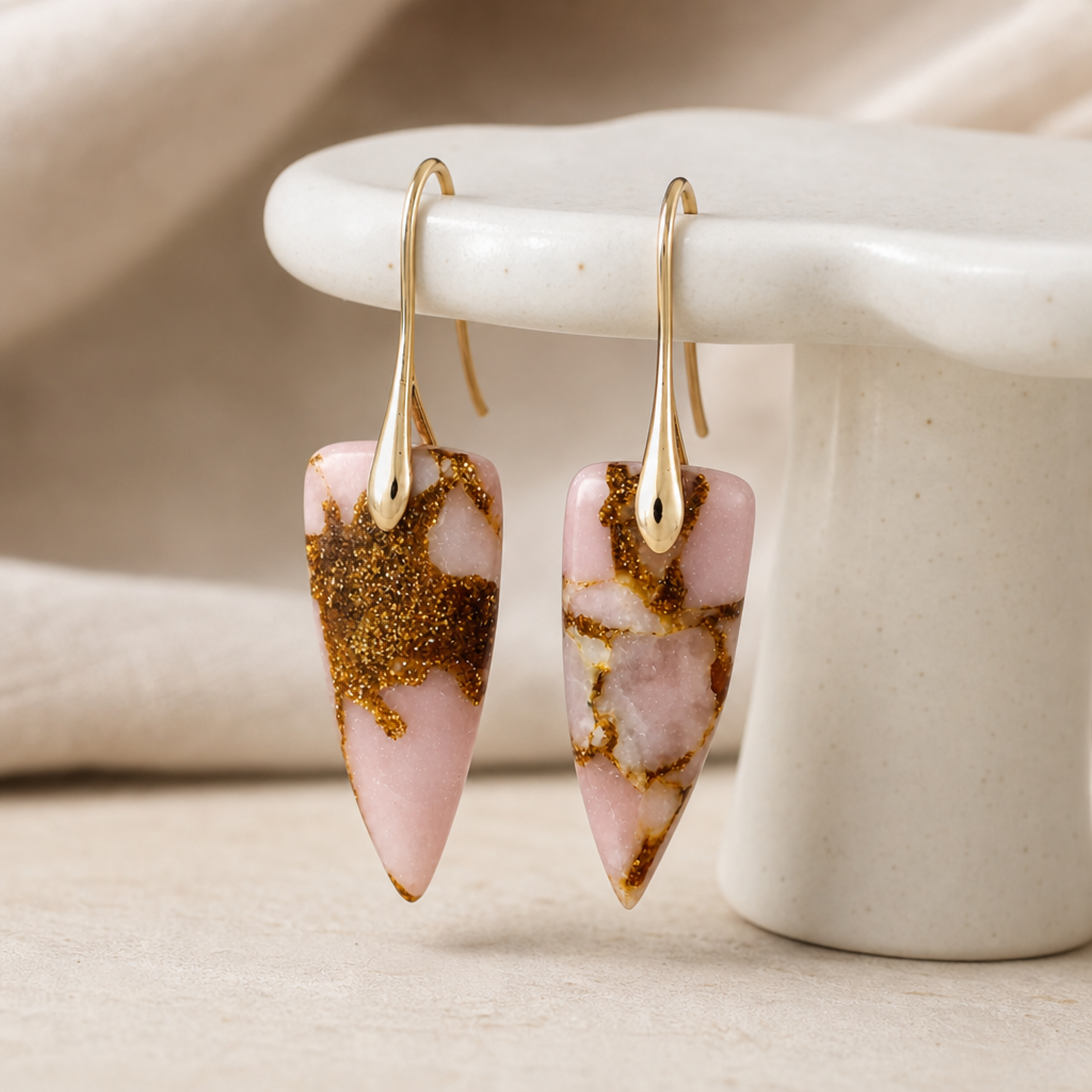 Close detail of pink natural stone geometric earrings with gold tone hooks.