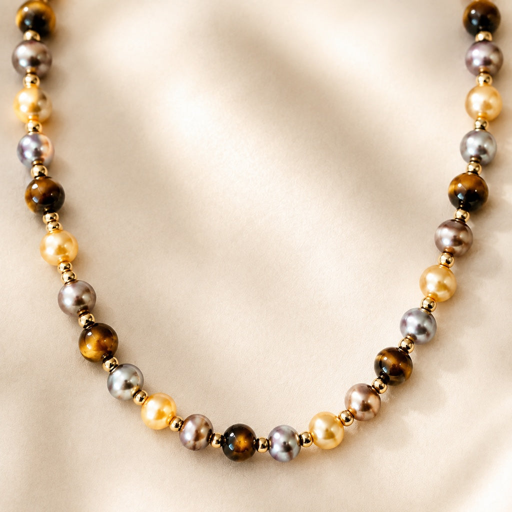 Tiger Eye & Pearl Beaded Necklace Hero Support B product image featuring Tiger S Eye.