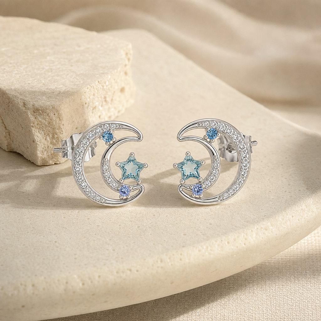 Blue Zircon Moon Star Stud Earrings Hero Support B product image featuring Blue Zircon.
