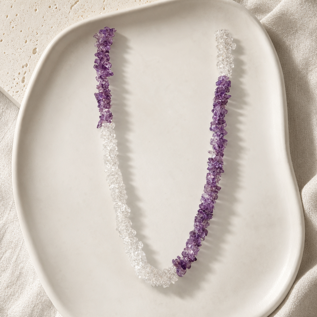 Amethyst & Clear Quartz Chip Necklace Hero Support B image featuring amethyst and clear quartz.