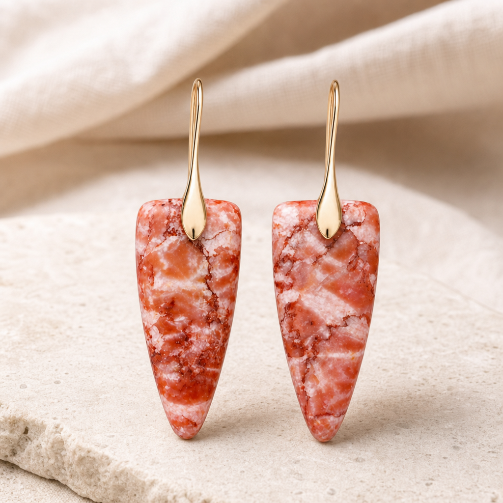 Macro detail of the gold coral natural stone geometric earrings.