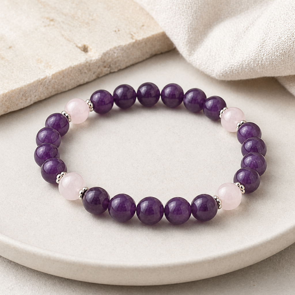 Amethyst & Rose Quartz Stretch Bracelet Hero Support B product image featuring Rose Quartz.