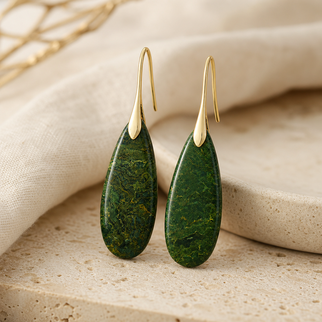 Close detail of green natural stone waterdrop earrings with gold-tone hooks.
