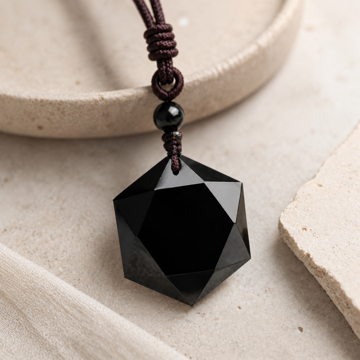 Close detail of the faceted black obsidian pendant necklace.