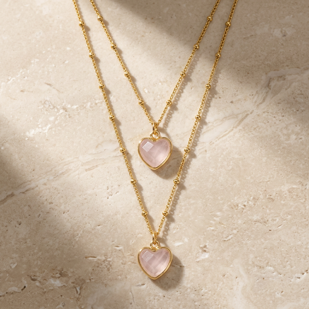 Rose Quartz Heart Necklace Premium Mood product image featuring Rose Quartz.