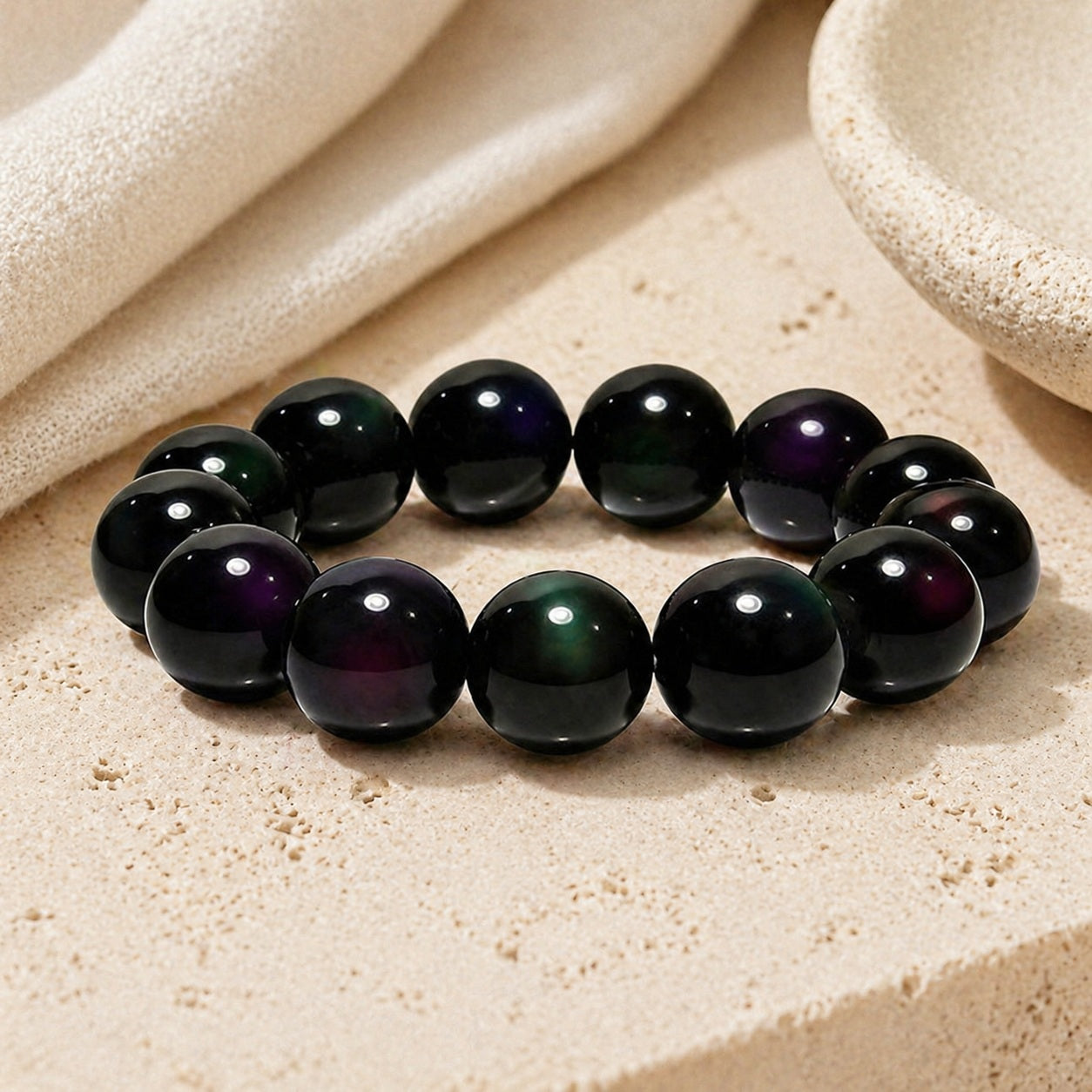 Black Obsidian 8mm Bead Bracelet Editorial Flatlay product image featuring Black Obsidian.