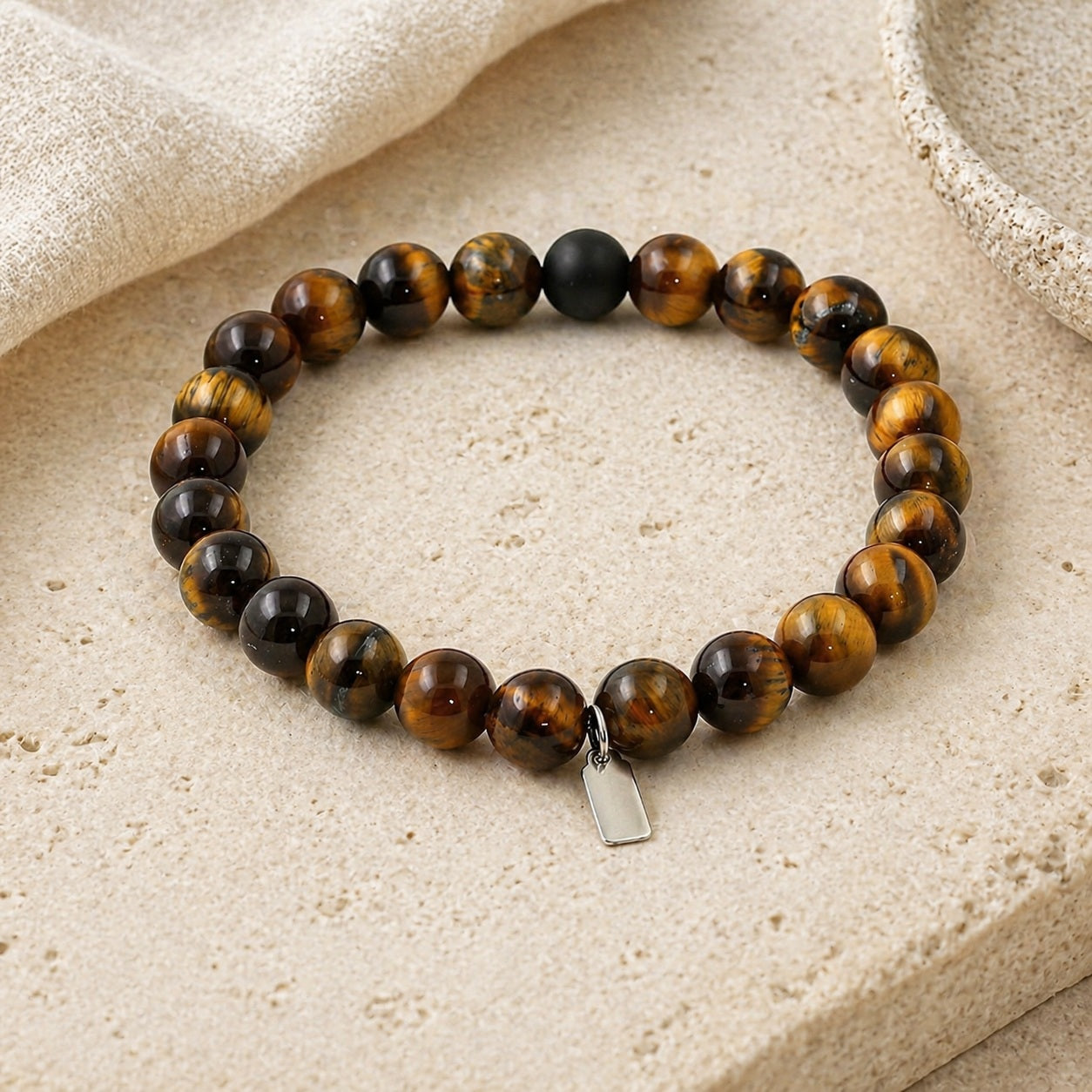 Tiger Eye & Matte Black Onyx Bracelet Editorial Flatlay product image featuring Tiger Eye.