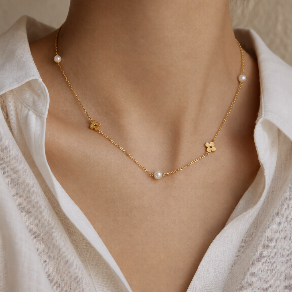 Freshwater Pearl 18K Gold Plated Flower Necklace Story Lifestyle product image featuring Freshwater Pearl.