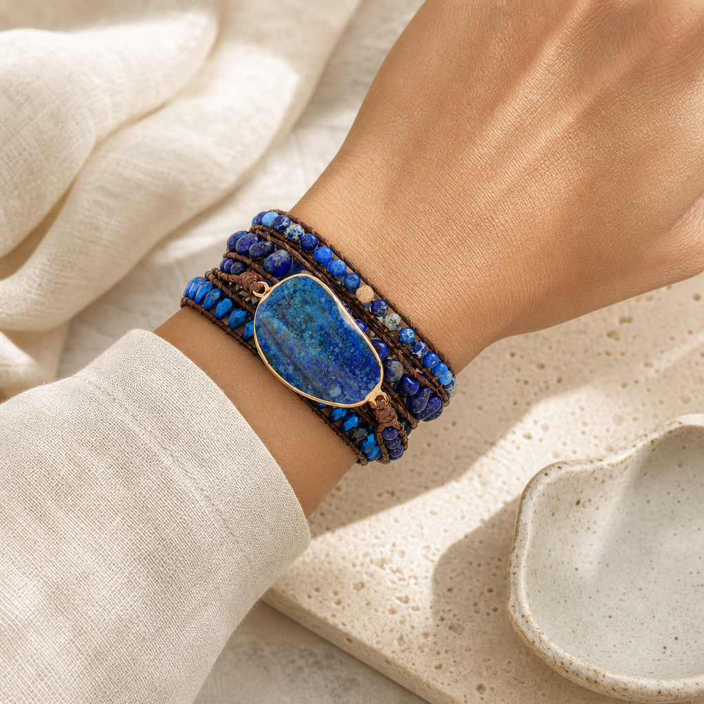 Alloy Bead Braided Bracelet Story Lifestyle product image featuring Lapis Lazuli.