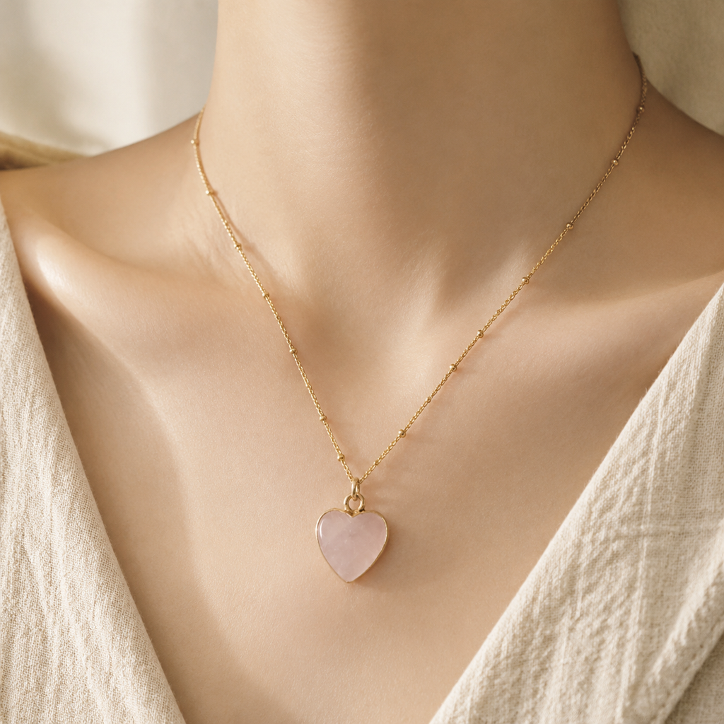 Rose Quartz Heart Necklace Story Lifestyle product image featuring Rose Quartz.