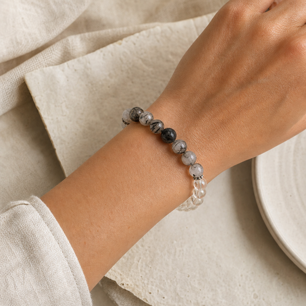 Black Tourmaline & Quartz Stretch Bracelet Story Lifestyle product image featuring Black Tourmaline.