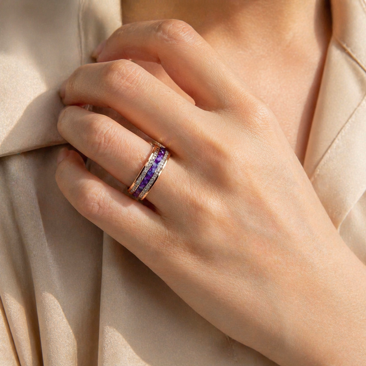 Rose Gold Amethyst Arrow Ring Story Lifestyle product image featuring Amethyst.