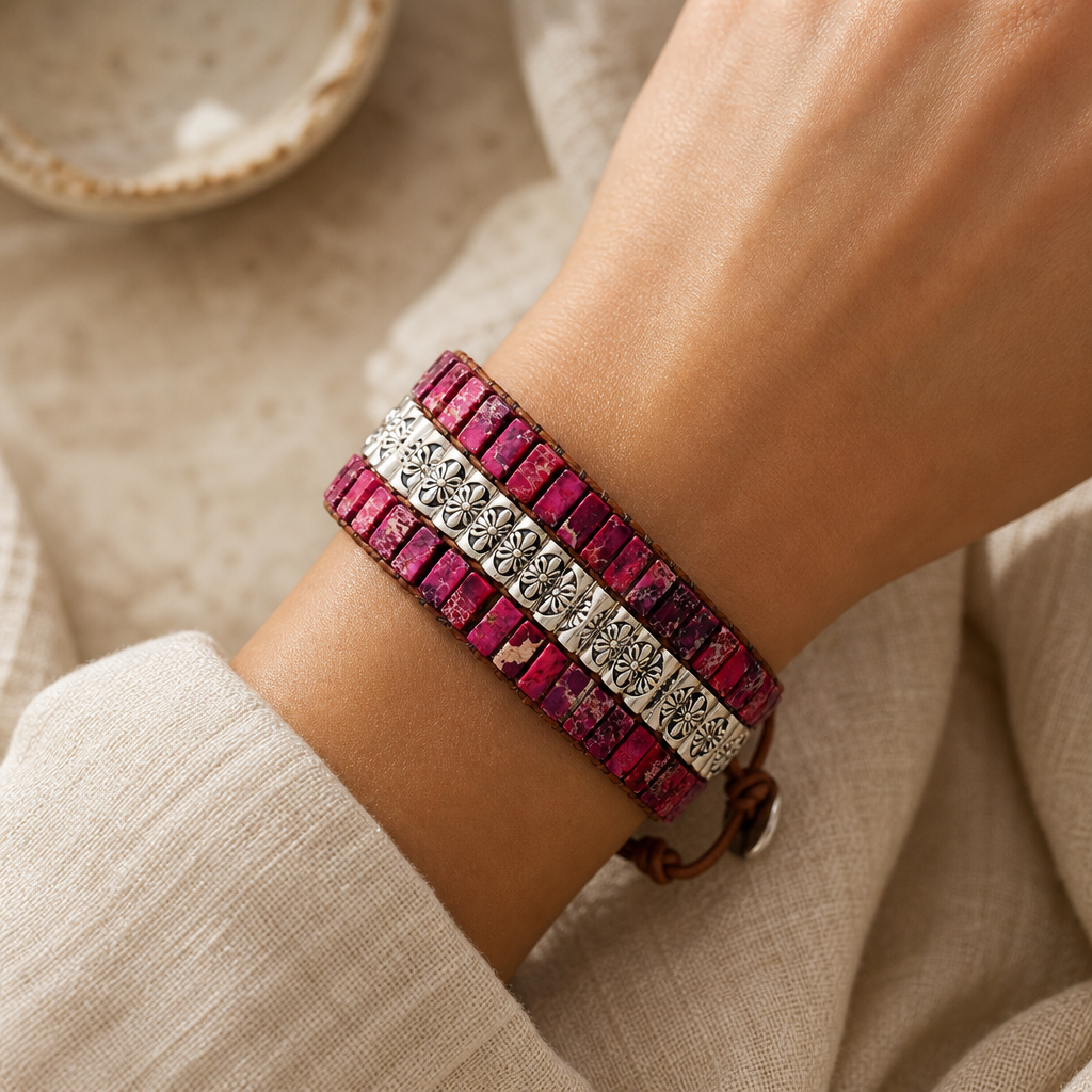 Handmade Triple Layer Natural Stone Bracelet Story Lifestyle product image featuring Alloy.