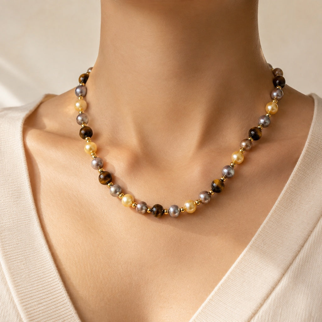 Tiger Eye & Pearl Beaded Necklace Story Lifestyle product image featuring Tiger S Eye.