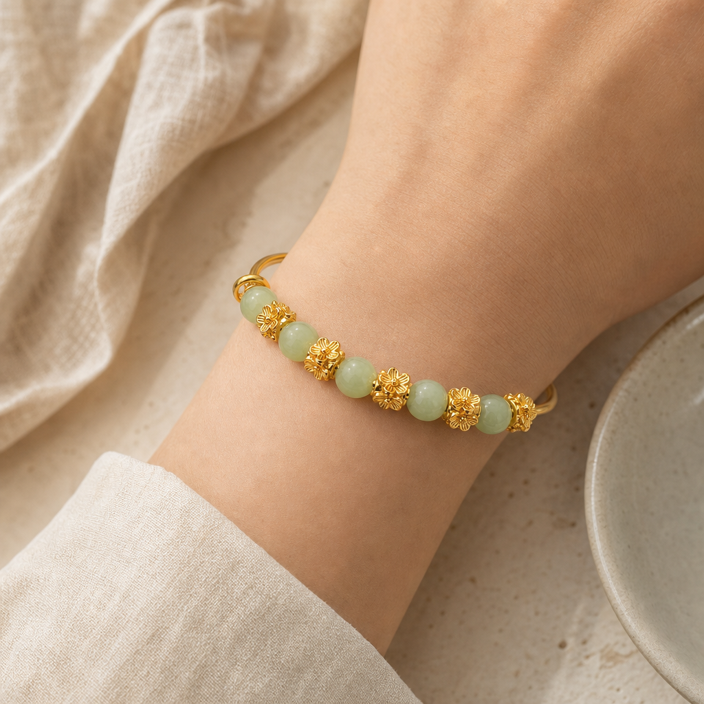 Green Chalcedony Flower Gold Tone Bracelet Story Lifestyle product image featuring Chalcedony.