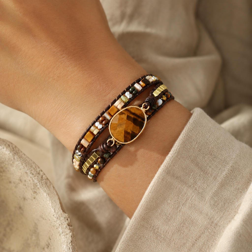 Tiger Eye Wrap Bracelet Story Lifestyle product image featuring Tiger Eye.