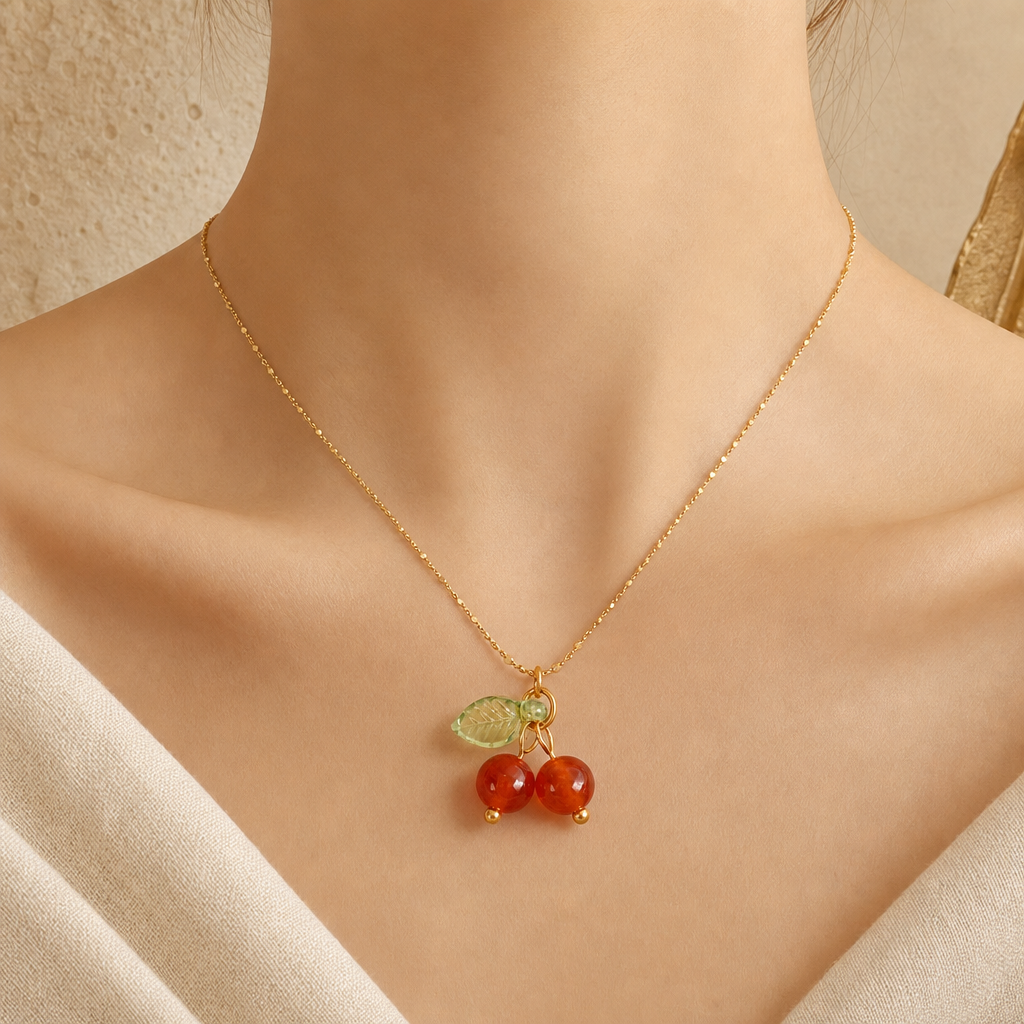 Agate Cherry Pendant Necklace Story Lifestyle product image featuring 18k Gold Plated.