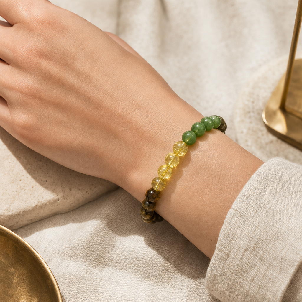 Citrine Green Aventurine Tiger Eye Bracelet Story Lifestyle product image featuring Citrine.