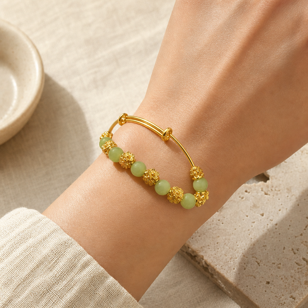 Green Chalcedony Flower Bracelet Story Lifestyle product image featuring Chalcedony.
