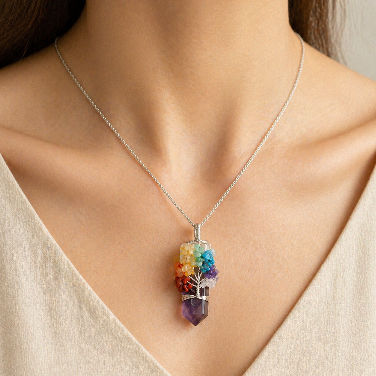 Amethyst Tree of Life Pendant Necklace Story Lifestyle product image featuring Amethyst.