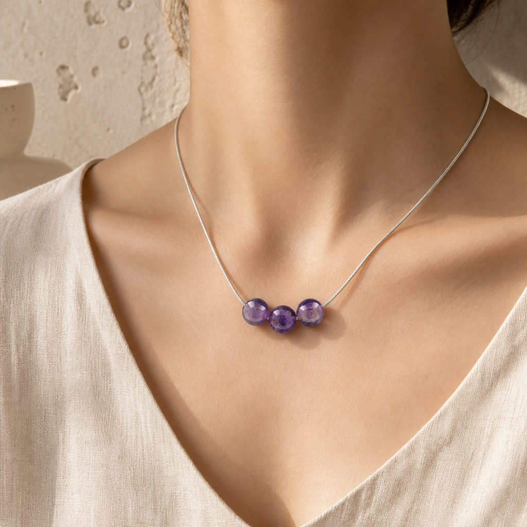 Amethyst 3 Bead 8mm Necklace Story Lifestyle product image featuring Amethyst.