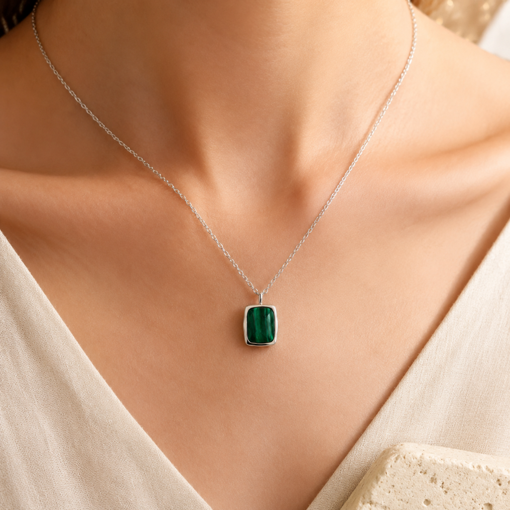 Natural Malachite Pendant Necklace Story Lifestyle product image featuring Freshwater Pearl.