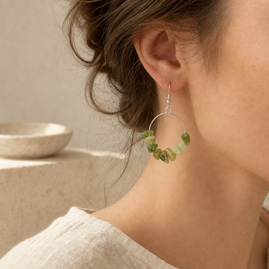 Natural Stone Chip Earrings Story Lifestyle product image featuring Tiger Eye.