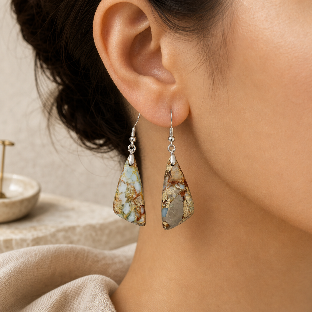 Emperor Stone Geometric Earrings Story Lifestyle product image featuring Copper.