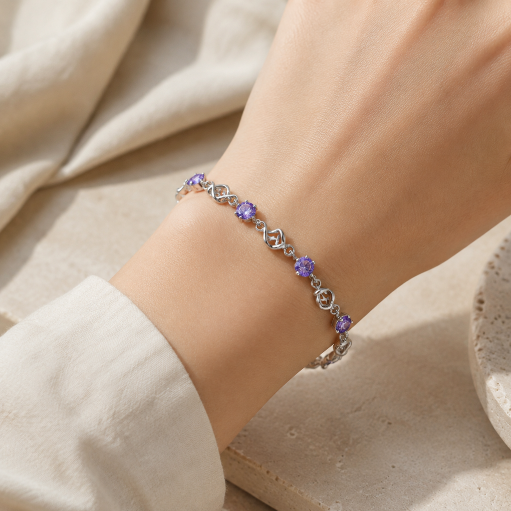Amethyst Silver Link Bracelet Story Lifestyle product image featuring Amethyst.